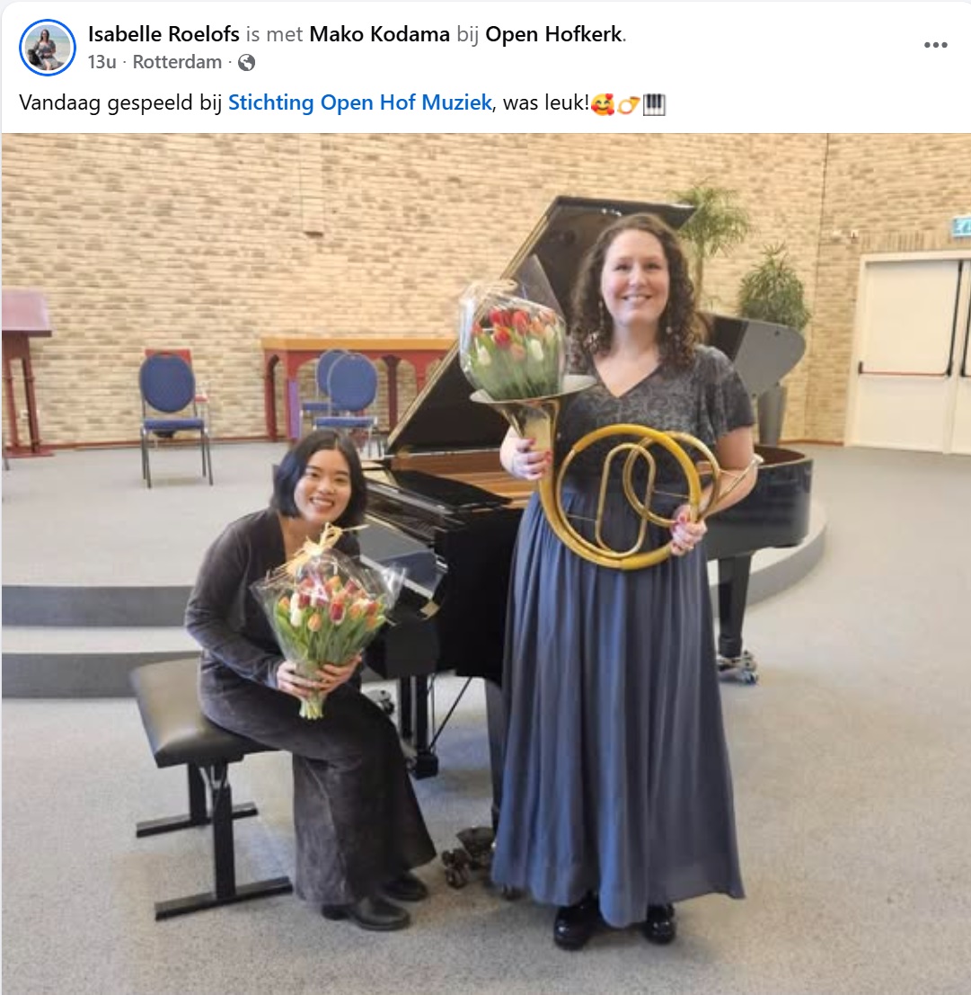 Vandaag gespeeld bij Stichting Open Hof Muziek met Mako Kodama, was leuk!🥰📯🎹